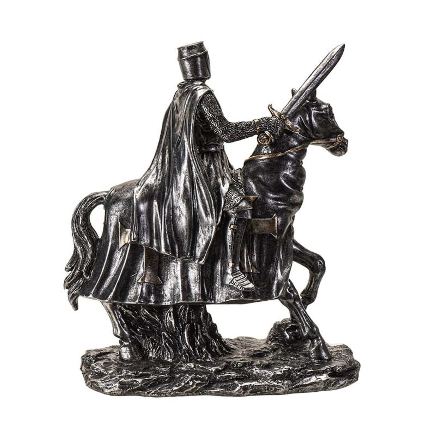 Medieval Knight on Horseback with Sword and Shield Figurine Armor and Cross Emblems 8 inch
