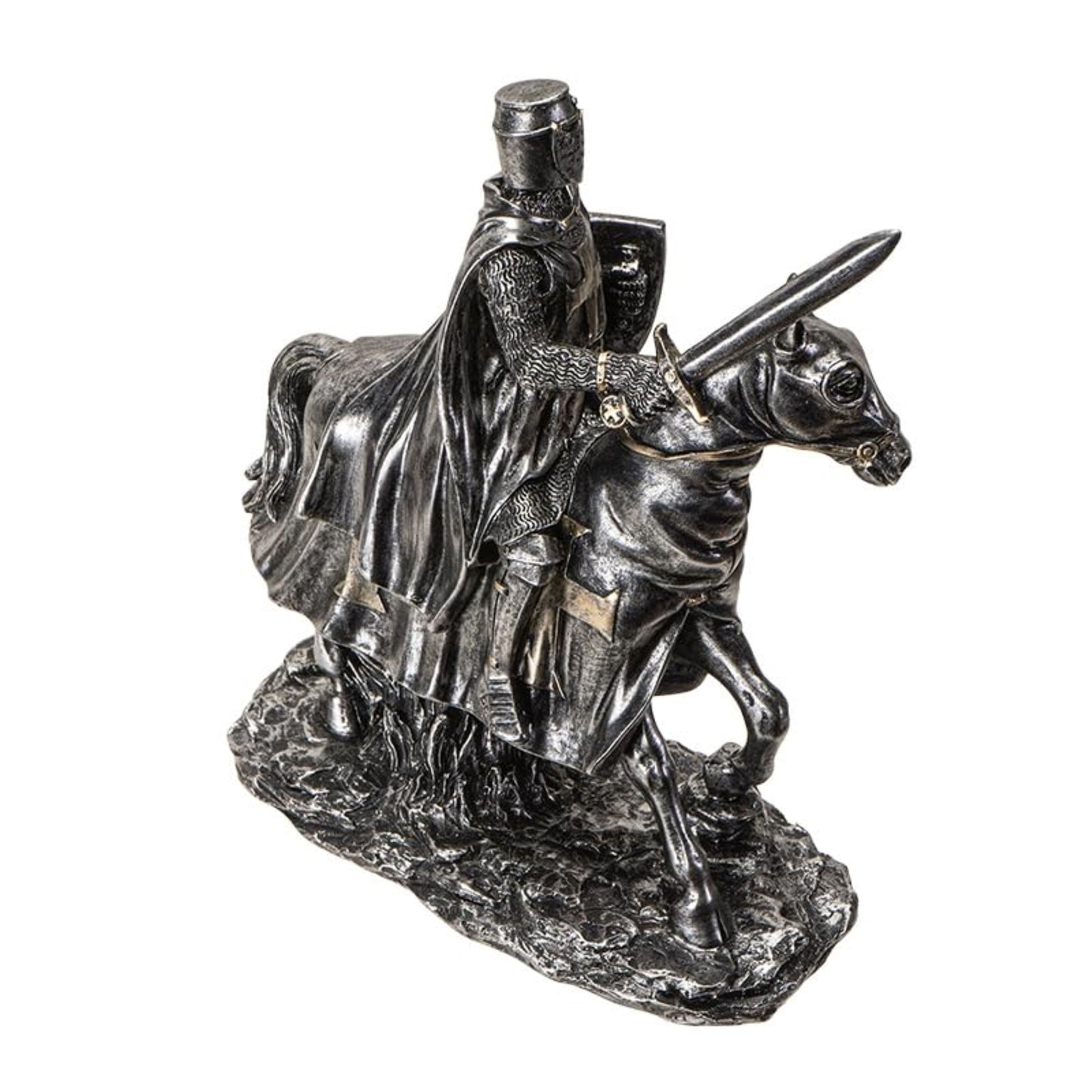 Medieval Knight on Horseback with Sword and Shield Figurine Armor and Cross Emblems 8 inch