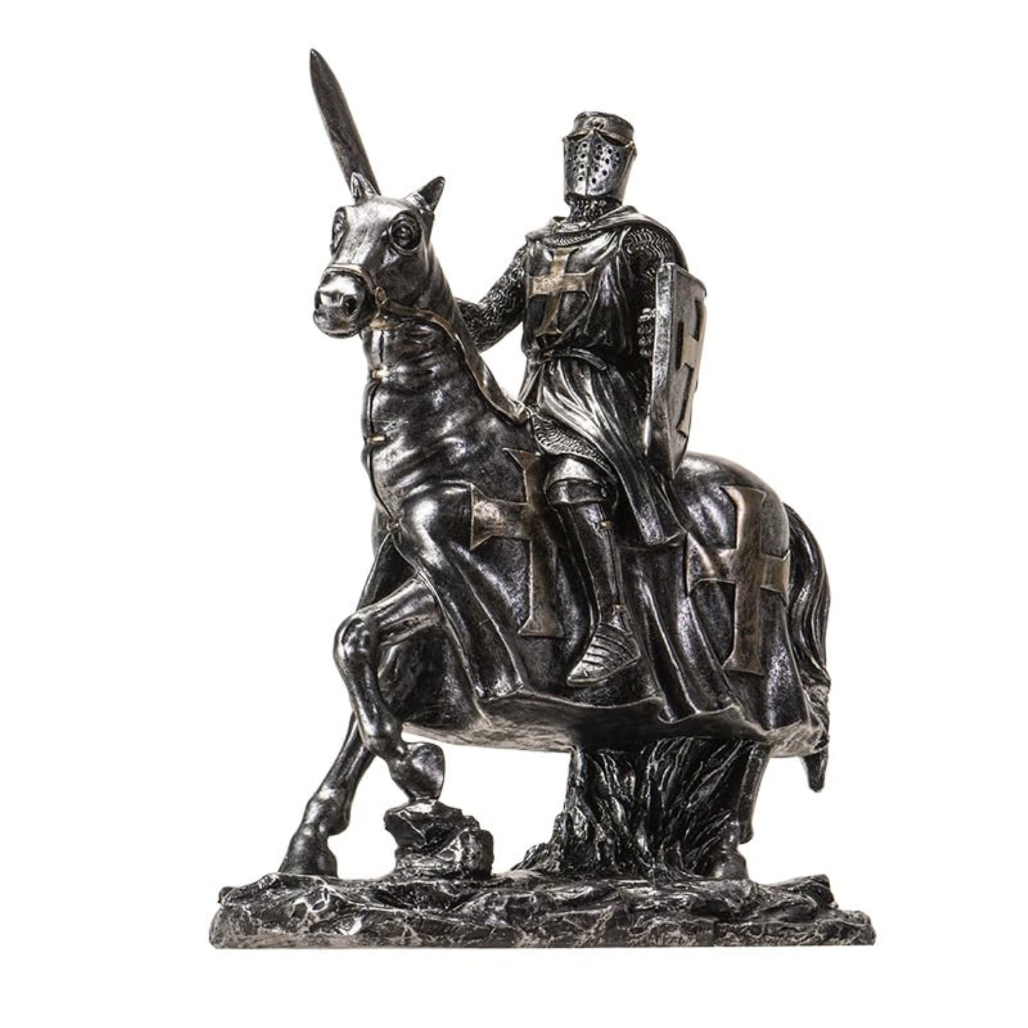 Medieval Knight on Horseback with Sword and Shield Figurine Armor and Cross Emblems 8 inch
