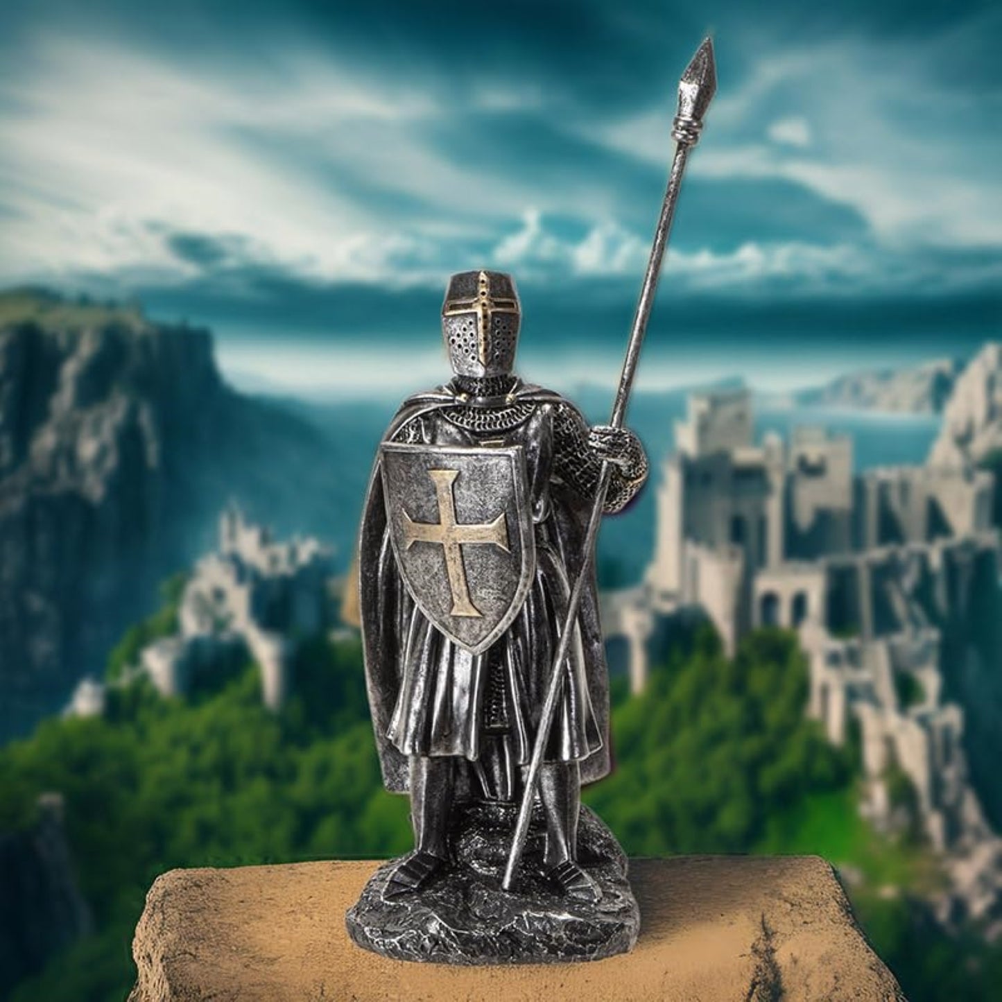 Medieval Knight Figurine with Spear and Shield Detailed Resin Decor 7.2 inches tall