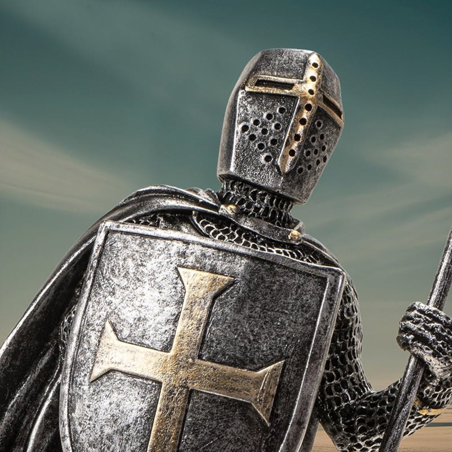 Medieval Knight Figurine with Spear and Shield Detailed Resin Decor 7.2 inches tall