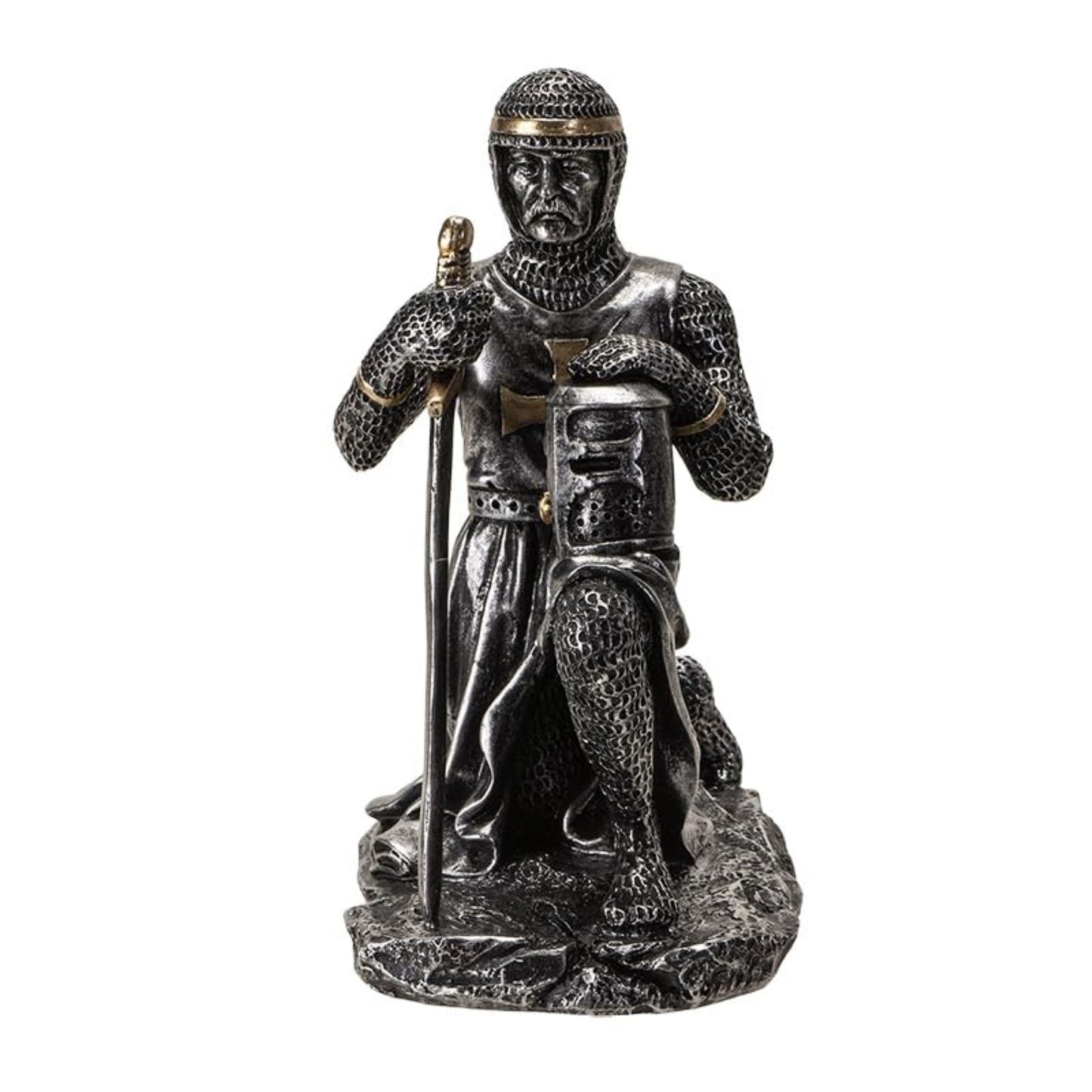 Kneeling Medieval Knight Figurine with Sword and Shield Detailed Resin Decor 6.1 inches Tall