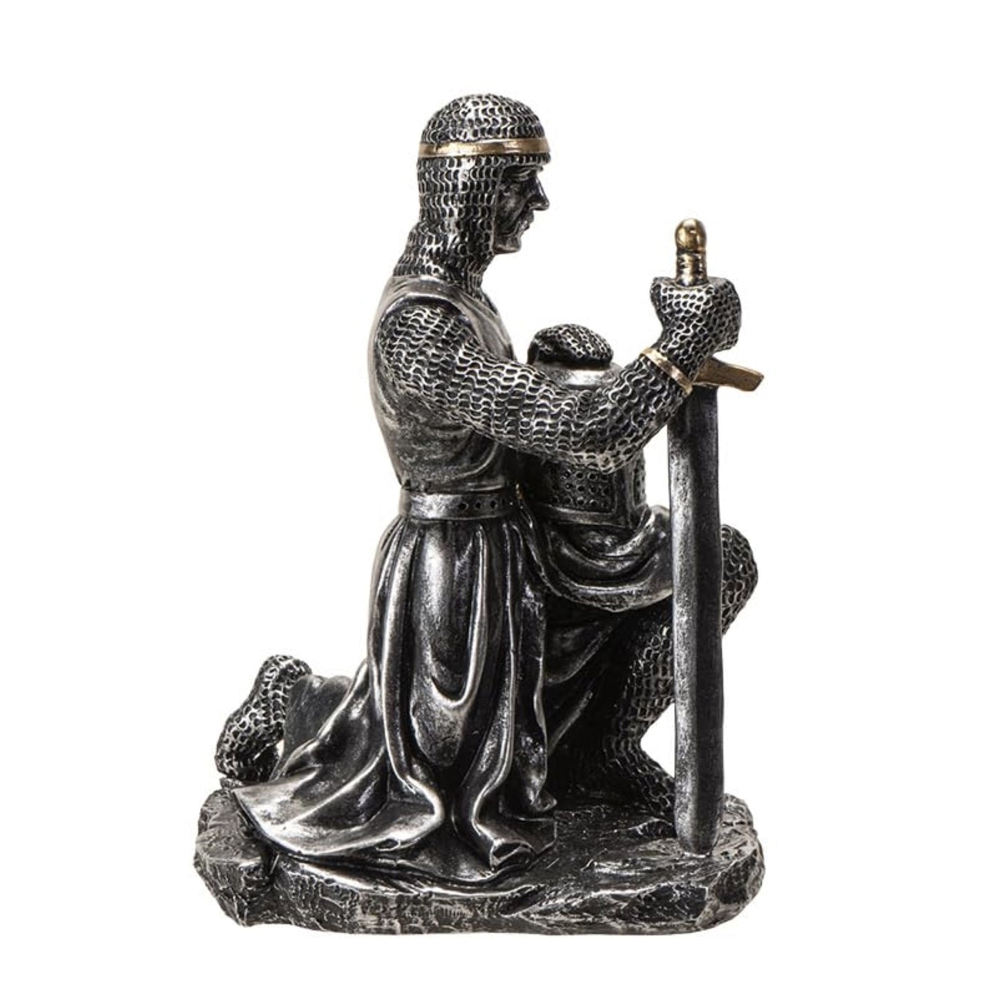 Kneeling Medieval Knight Figurine with Sword and Shield Detailed Resin Decor 6.1 inches Tall
