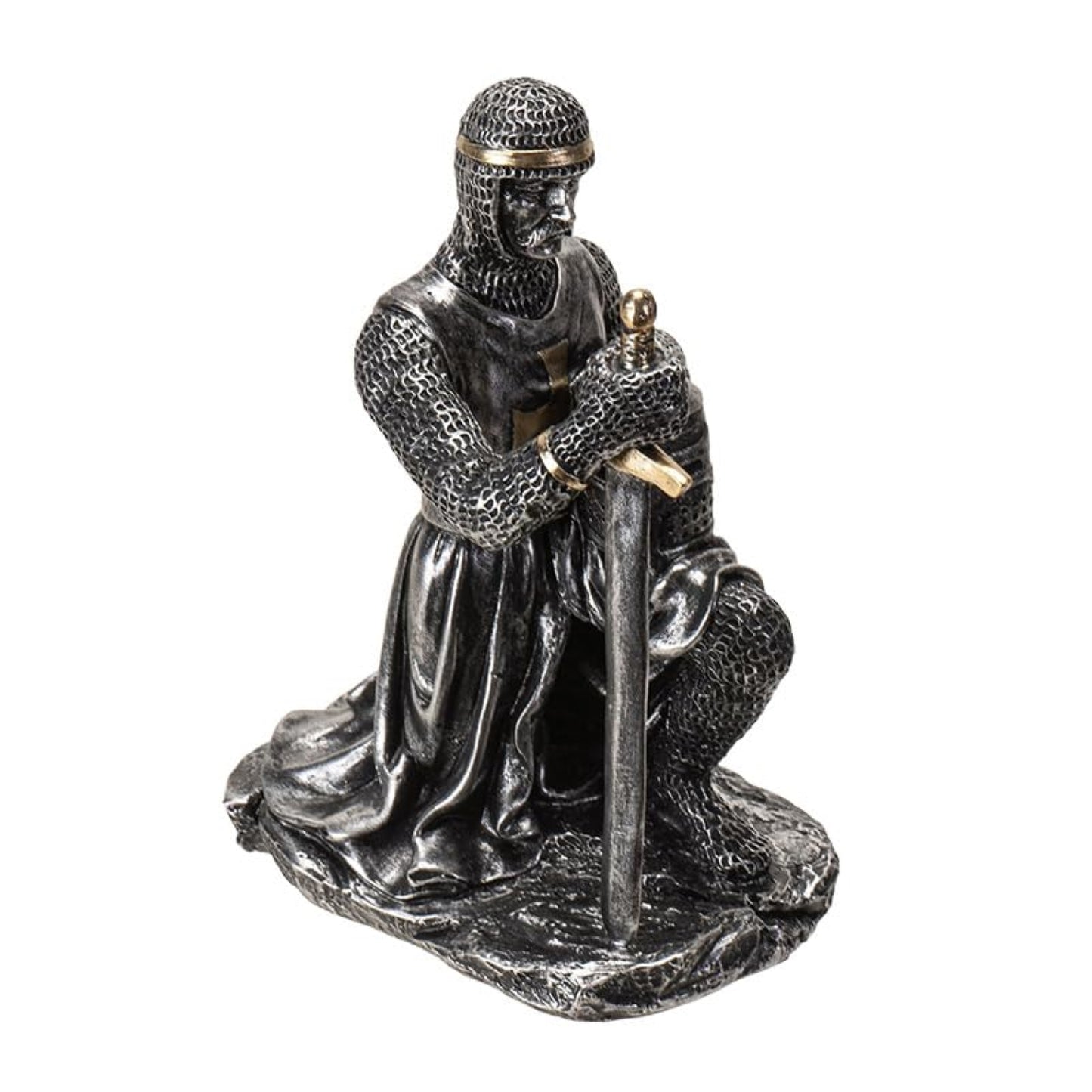 Kneeling Medieval Knight Figurine with Sword and Shield Detailed Resin Decor 6.1 inches Tall
