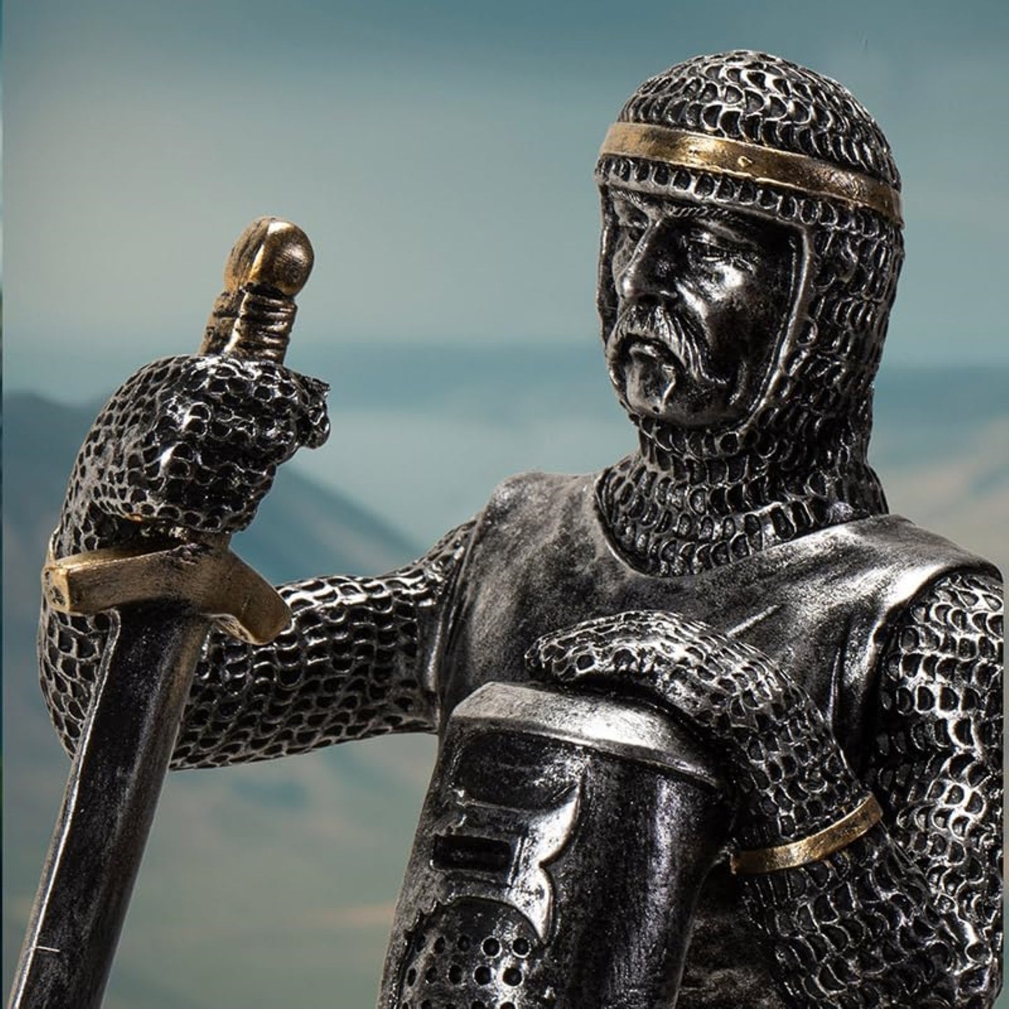 Kneeling Medieval Knight Figurine with Sword and Shield Detailed Resin Decor 6.1 inches Tall