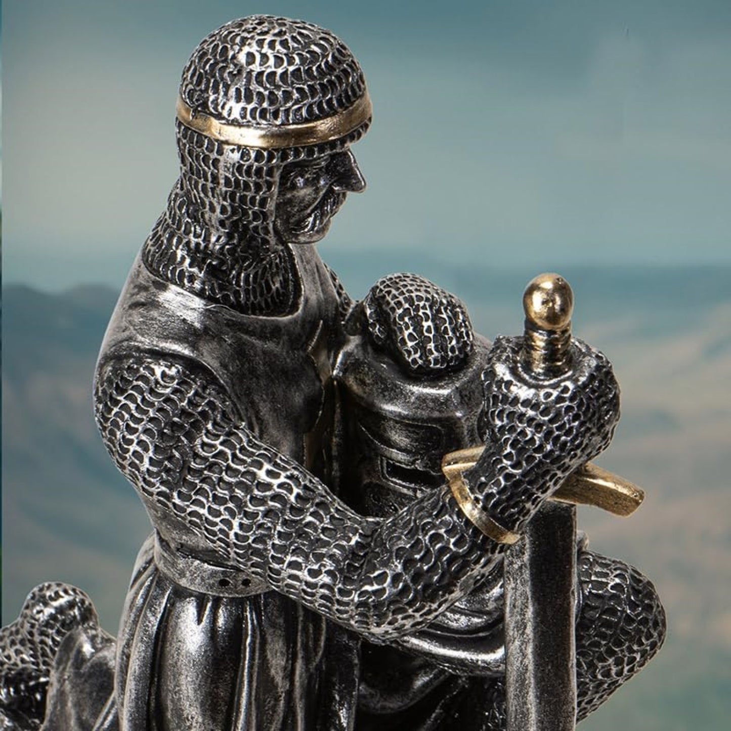 Kneeling Medieval Knight Figurine with Sword and Shield Detailed Resin Decor 6.1 inches Tall