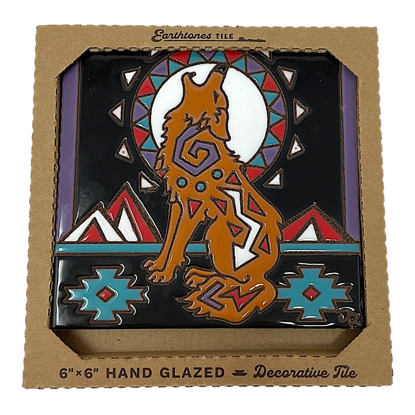 Earthtones Southwest Howling Coyote with Moon 6X6 Hand Glazed Decorative Tile or Kitchen Trivet