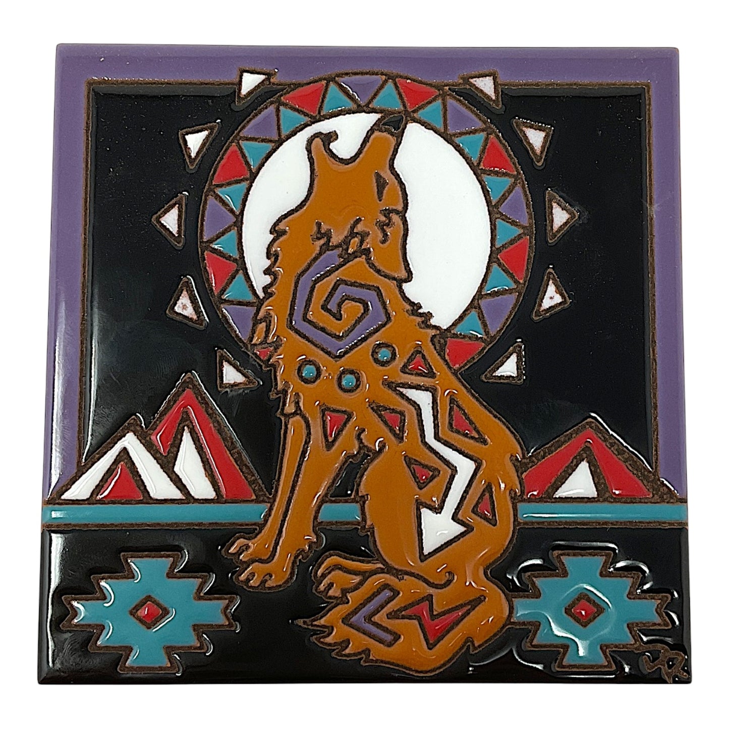 Earthtones Southwest Howling Coyote with Moon 6X6 Hand Glazed Decorative Tile or Kitchen Trivet