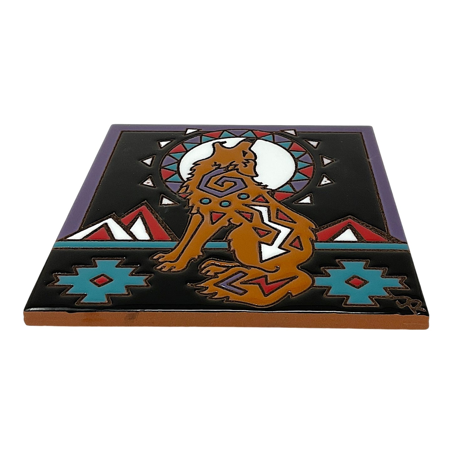 Earthtones Southwest Howling Coyote with Moon 6X6 Hand Glazed Decorative Tile or Kitchen Trivet