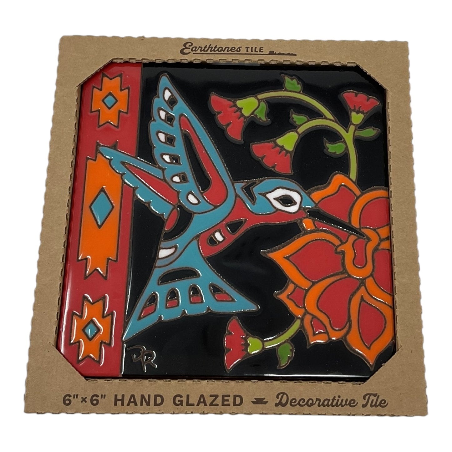 Earthtones Southwest Hummingbird with Flower 6X6 Colorful Hand Glazed Decorative Tile
