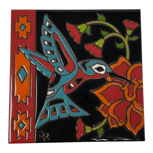 Earthtones Southwest Hummingbird with Flower 6X6 Colorful Hand Glazed Decorative Tile
