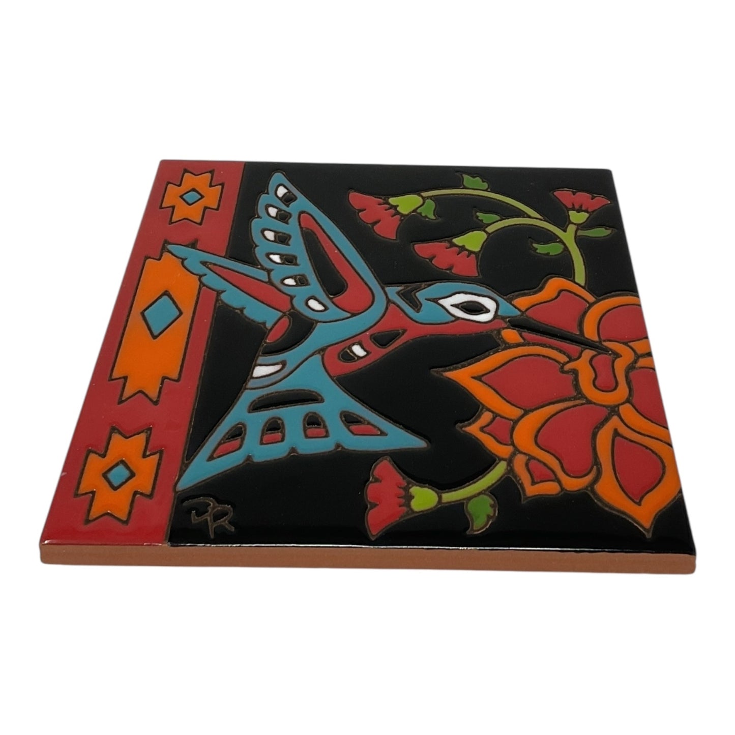 Earthtones Southwest Hummingbird with Flower 6X6 Colorful Hand Glazed Decorative Tile