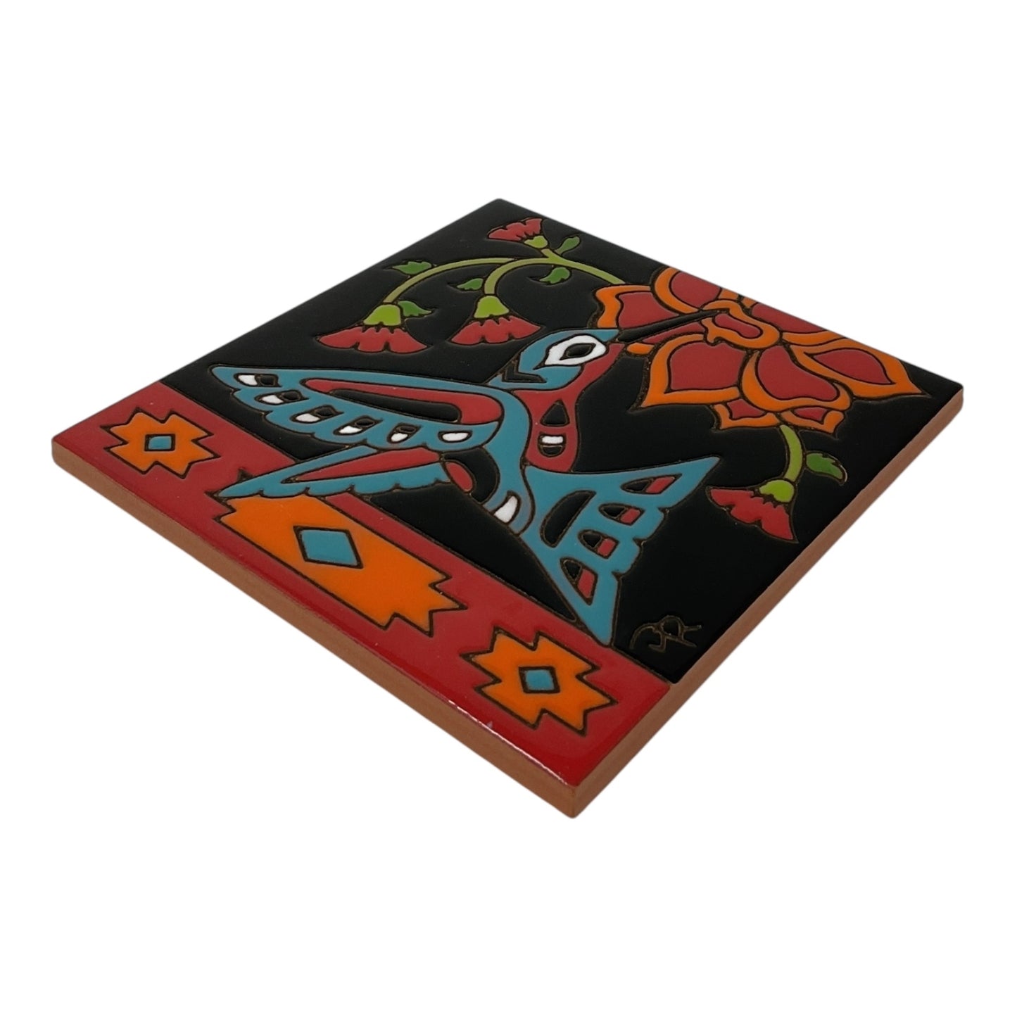 Earthtones Southwest Hummingbird with Flower 6X6 Colorful Hand Glazed Decorative Tile