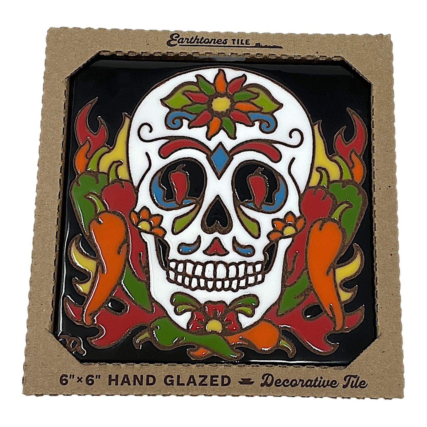 Earthtones Day of the Dead Chili Pepper Sugar Skull Southwest 6X6 Hand Glazed Decorative Tile