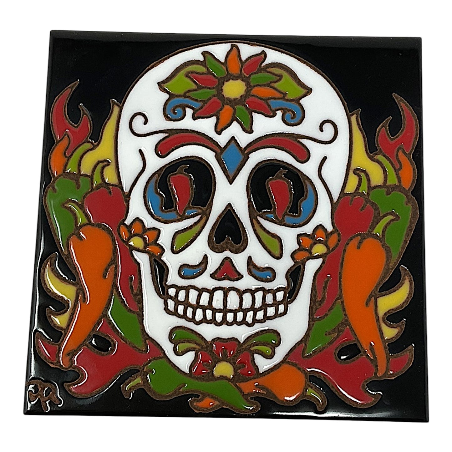 Earthtones Day of the Dead Chili Pepper Sugar Skull Southwest 6X6 Hand Glazed Decorative Tile
