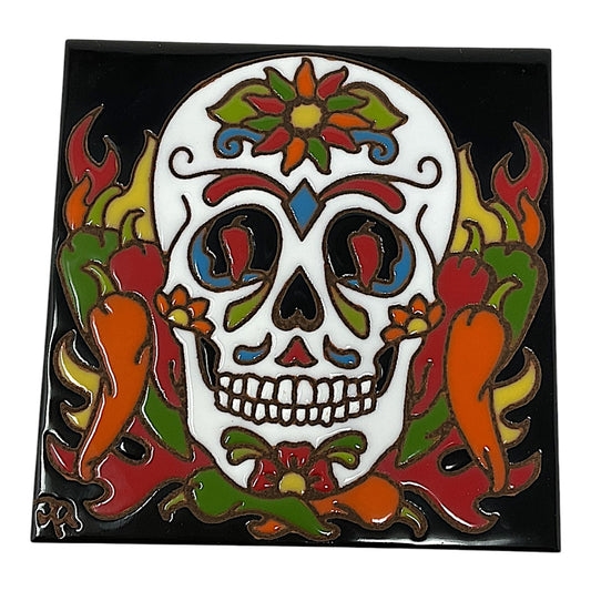 Earthtones Day of the Dead Chili Pepper Sugar Skull Southwest 6X6 Hand Glazed Decorative Tile