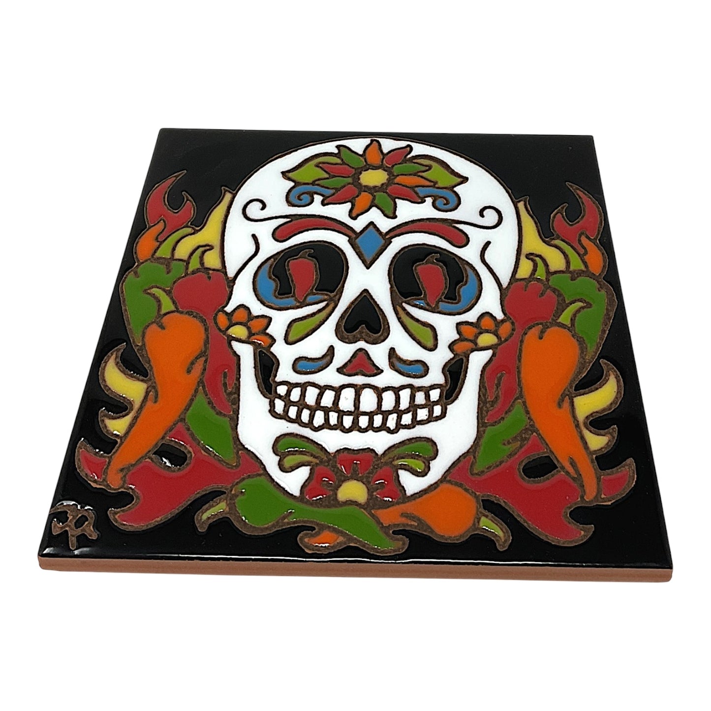Earthtones Day of the Dead Chili Pepper Sugar Skull Southwest 6X6 Hand Glazed Decorative Tile