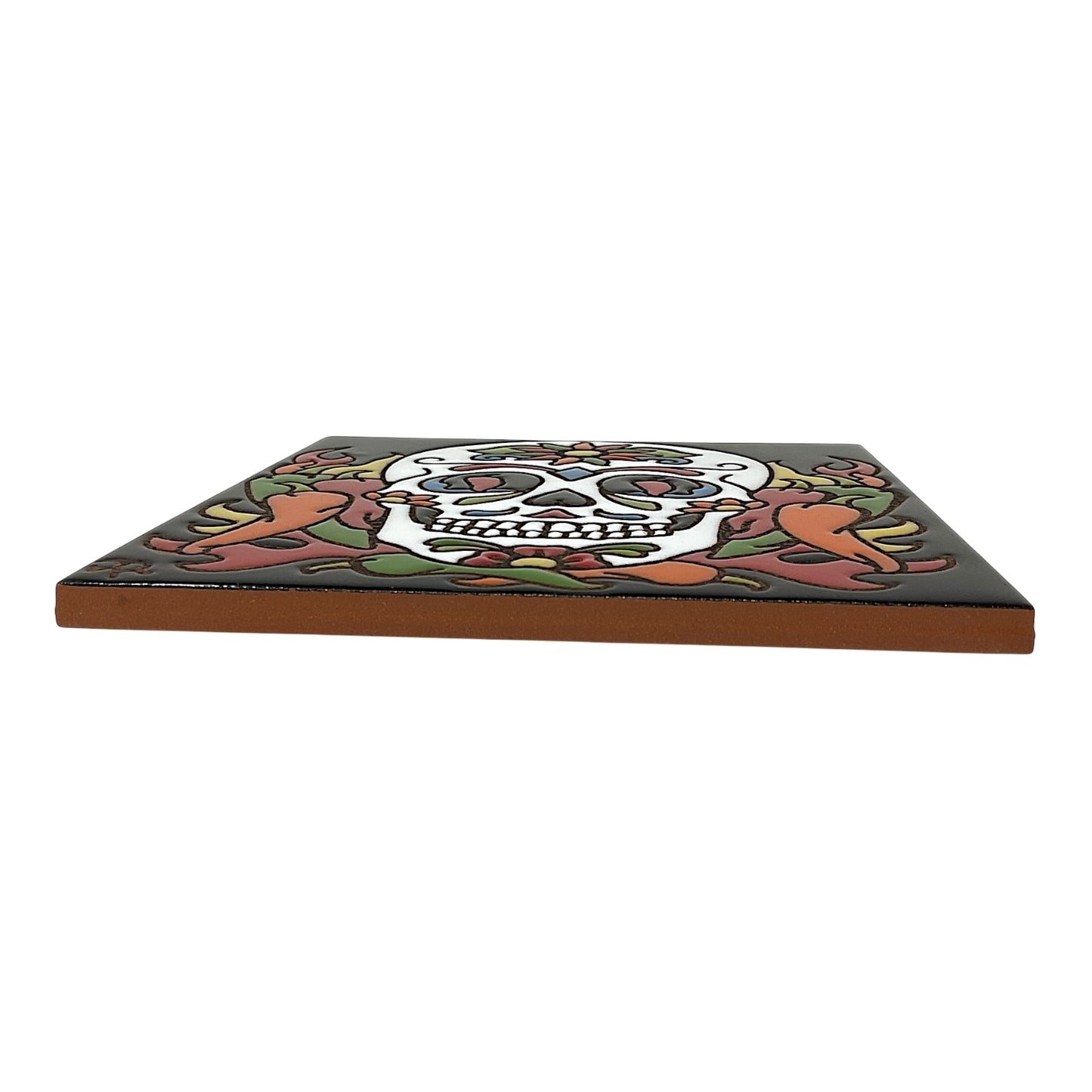 Earthtones Day of the Dead Chili Pepper Sugar Skull Southwest 6X6 Hand Glazed Decorative Tile
