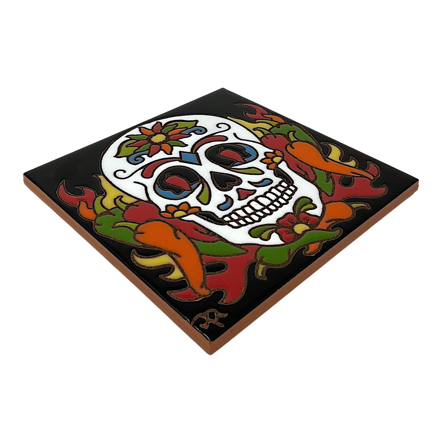 Earthtones Day of the Dead Chili Pepper Sugar Skull Southwest 6X6 Hand Glazed Decorative Tile
