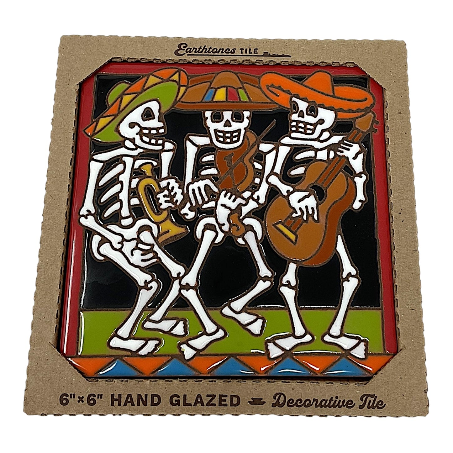 Earthtones Day of the Dead Skeleton Mariachi Band 6X6 Hand Glazed Southwest Decorative Tile or Trivet
