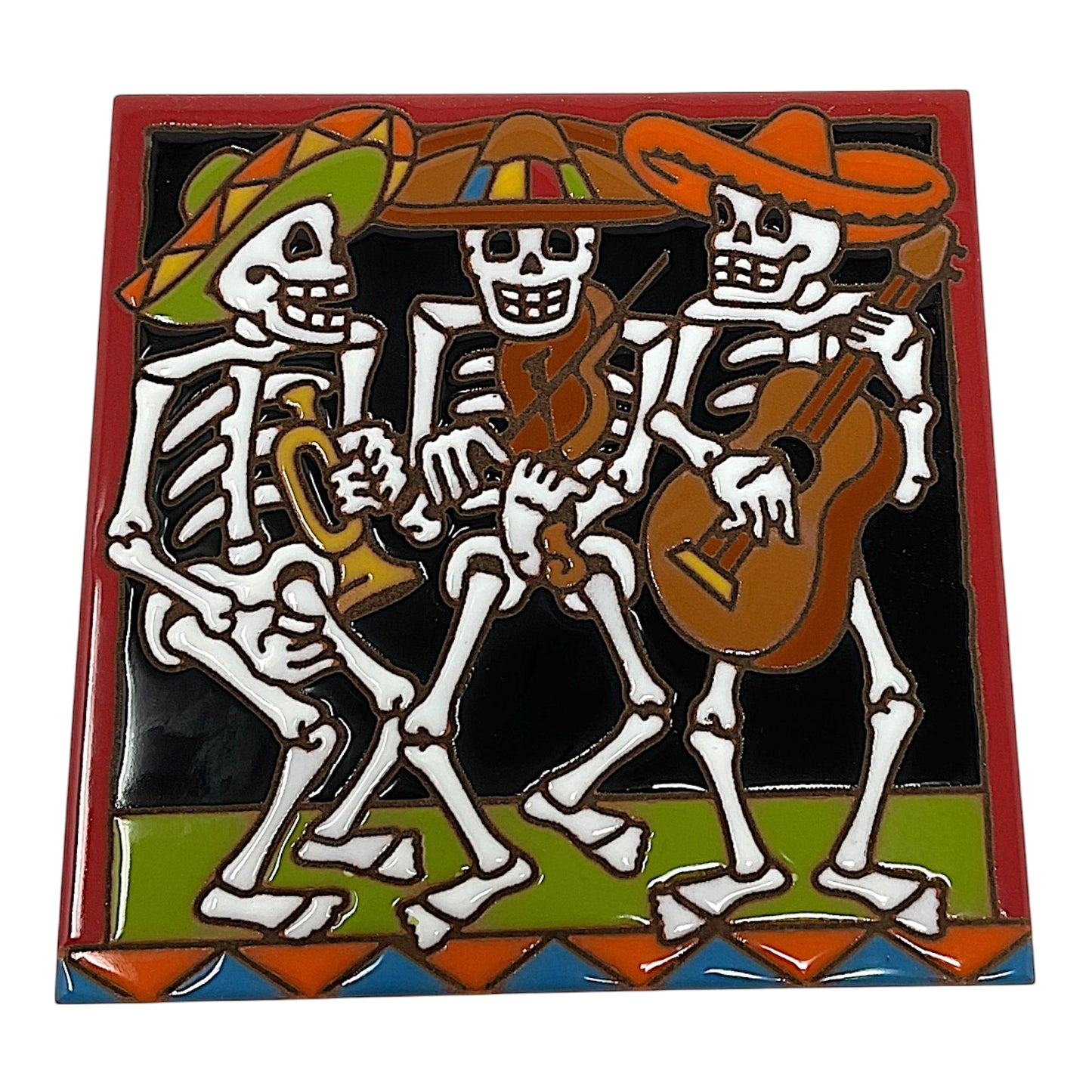 Earthtones Day of the Dead Skeleton Mariachi Band 6X6 Hand Glazed Southwest Decorative Tile or Trivet