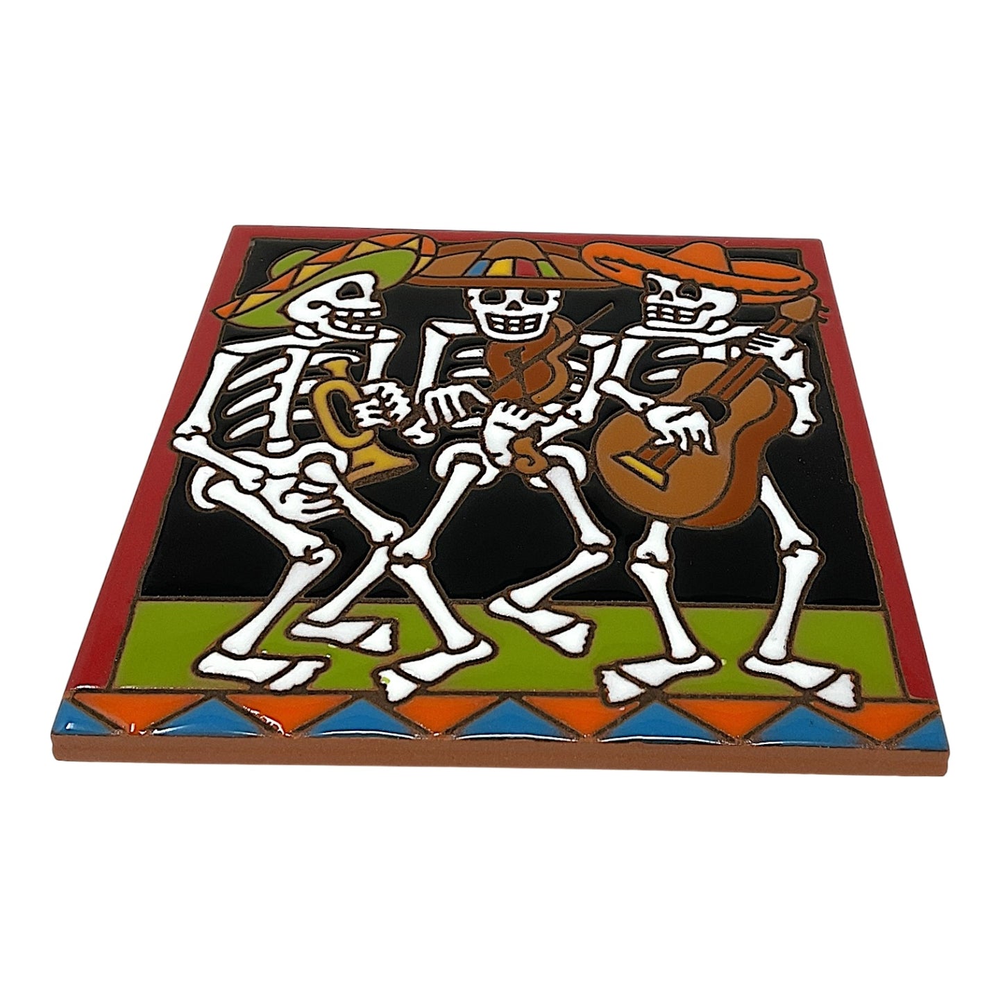 Earthtones Day of the Dead Skeleton Mariachi Band 6X6 Hand Glazed Southwest Decorative Tile or Trivet
