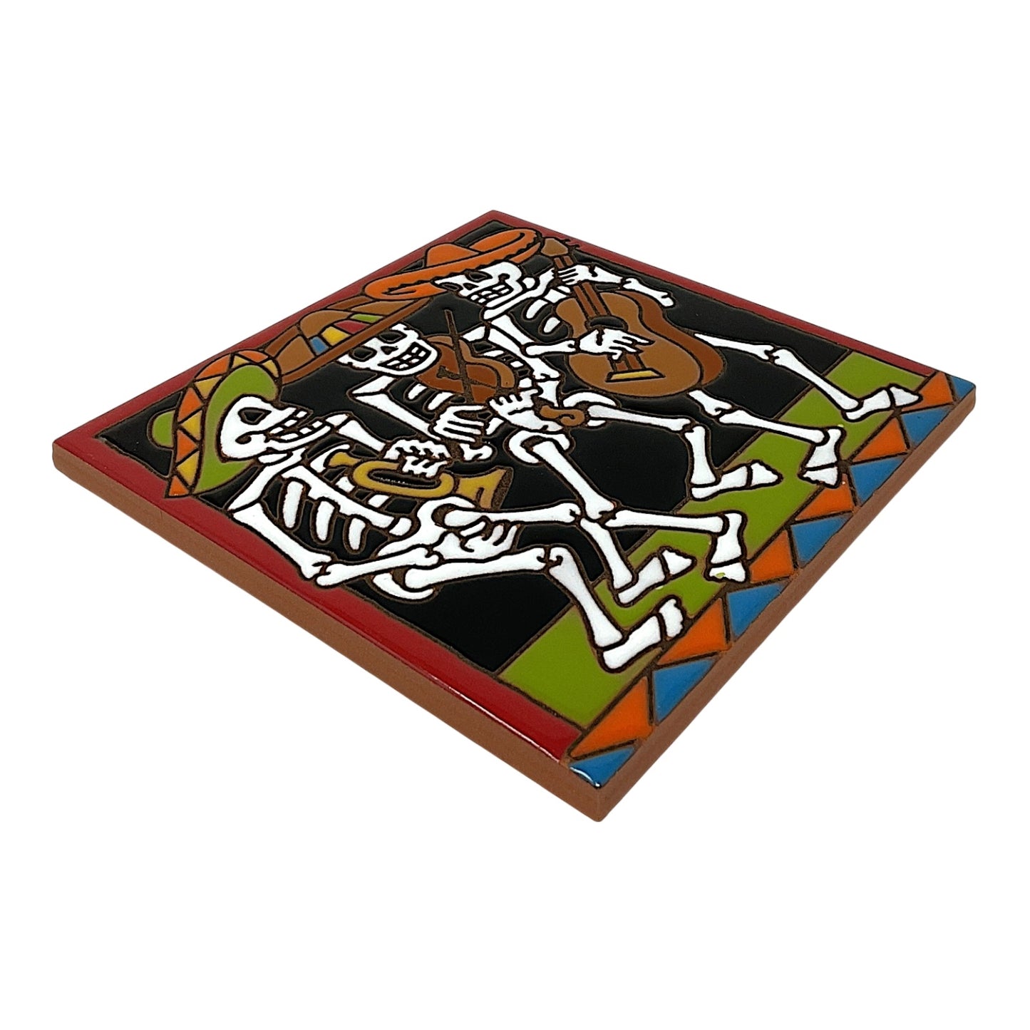 Earthtones Day of the Dead Skeleton Mariachi Band 6X6 Hand Glazed Southwest Decorative Tile or Trivet