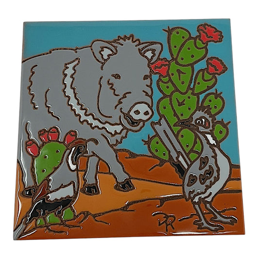 Earthtones Friends of the Southwest Javelina Roadrunner and Quail 6X6 Hand Glazed Decorative Tile
