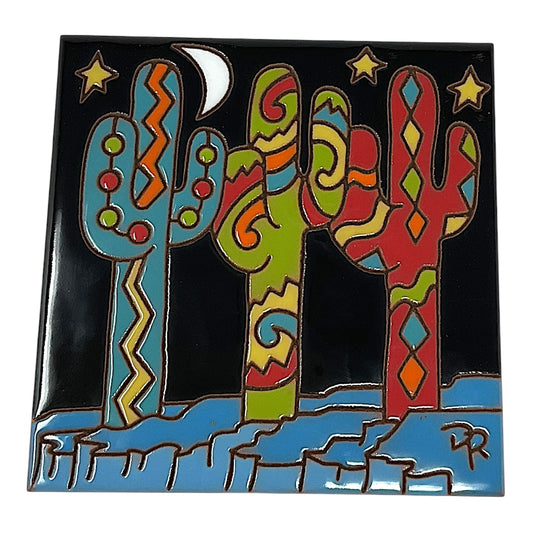 Earthtones Southwest Saguaros Colorful Cactus 6X6 Hand Glazed Decorative Tile or Kitchen Trivet