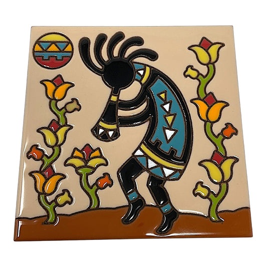 Earthtones Kokopelli Flower Charmer 6X6 Hand Glazed Southwestern Decorative Tile or Kitchen Trivet