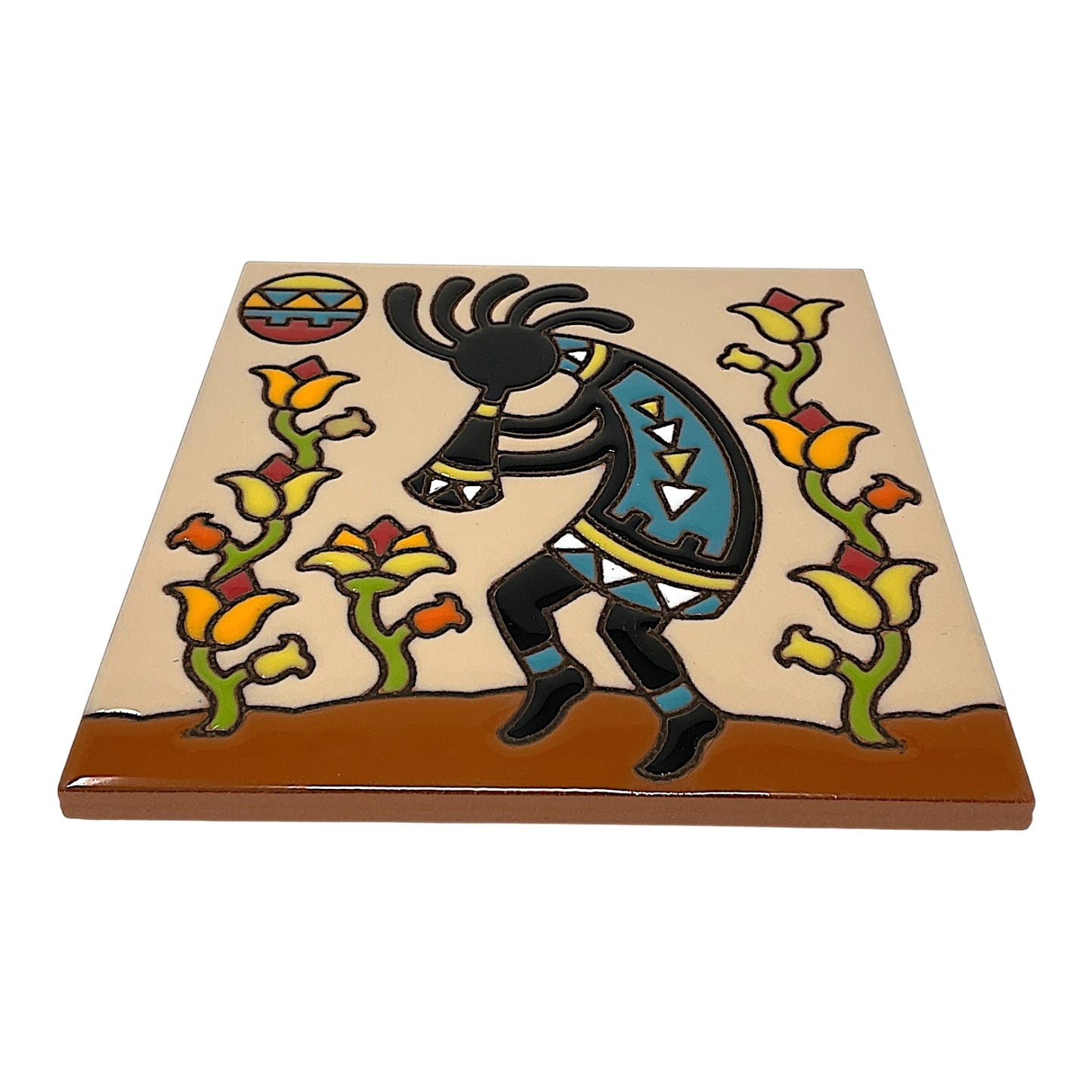 Earthtones Kokopelli Flower Charmer 6X6 Hand Glazed Southwestern Decorative Tile or Kitchen Trivet