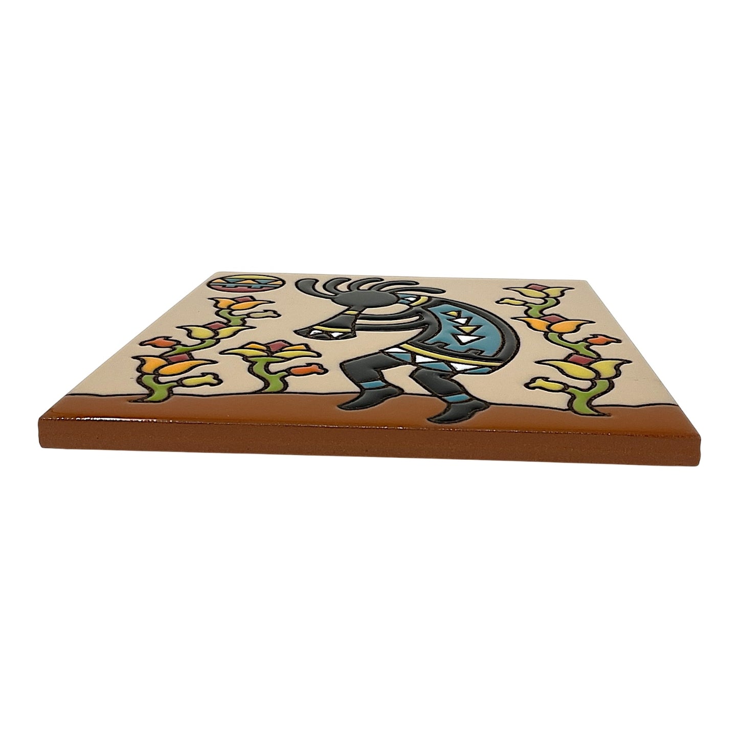 Earthtones Kokopelli Flower Charmer 6X6 Hand Glazed Southwestern Decorative Tile or Kitchen Trivet