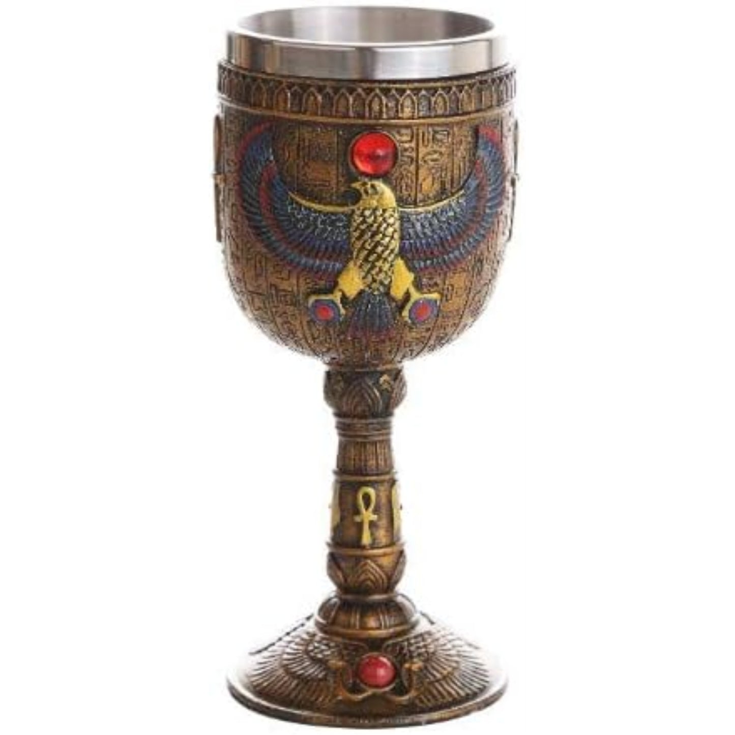 Ancient Egyptian Winged Horus Falcon Ceremonial Wine Goblet Chalice Cup Resin Body Stainless Steel Cup 7 ounce