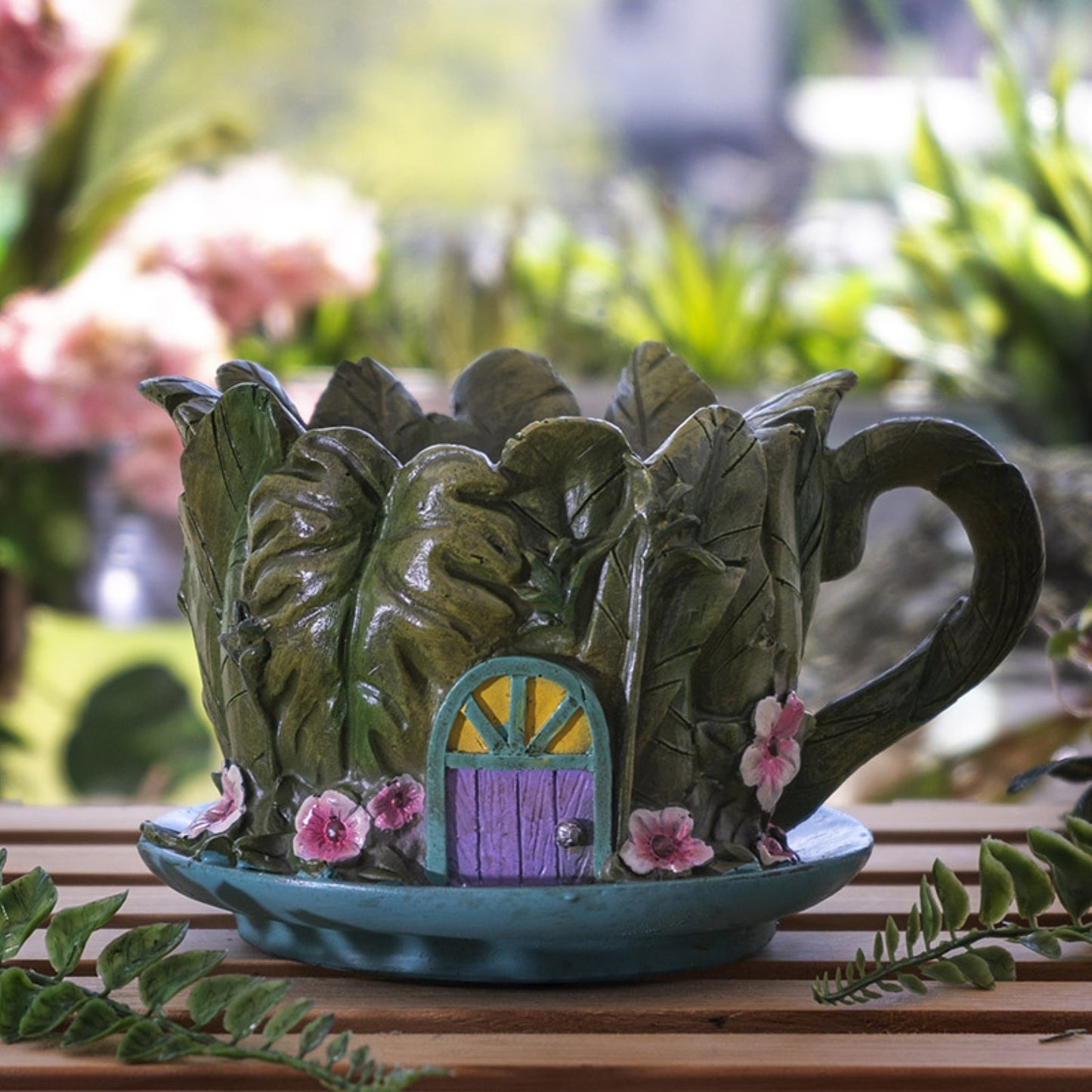 Fairy Garden Teacup Shaped Leaf House Floral Planter 7.5 inch