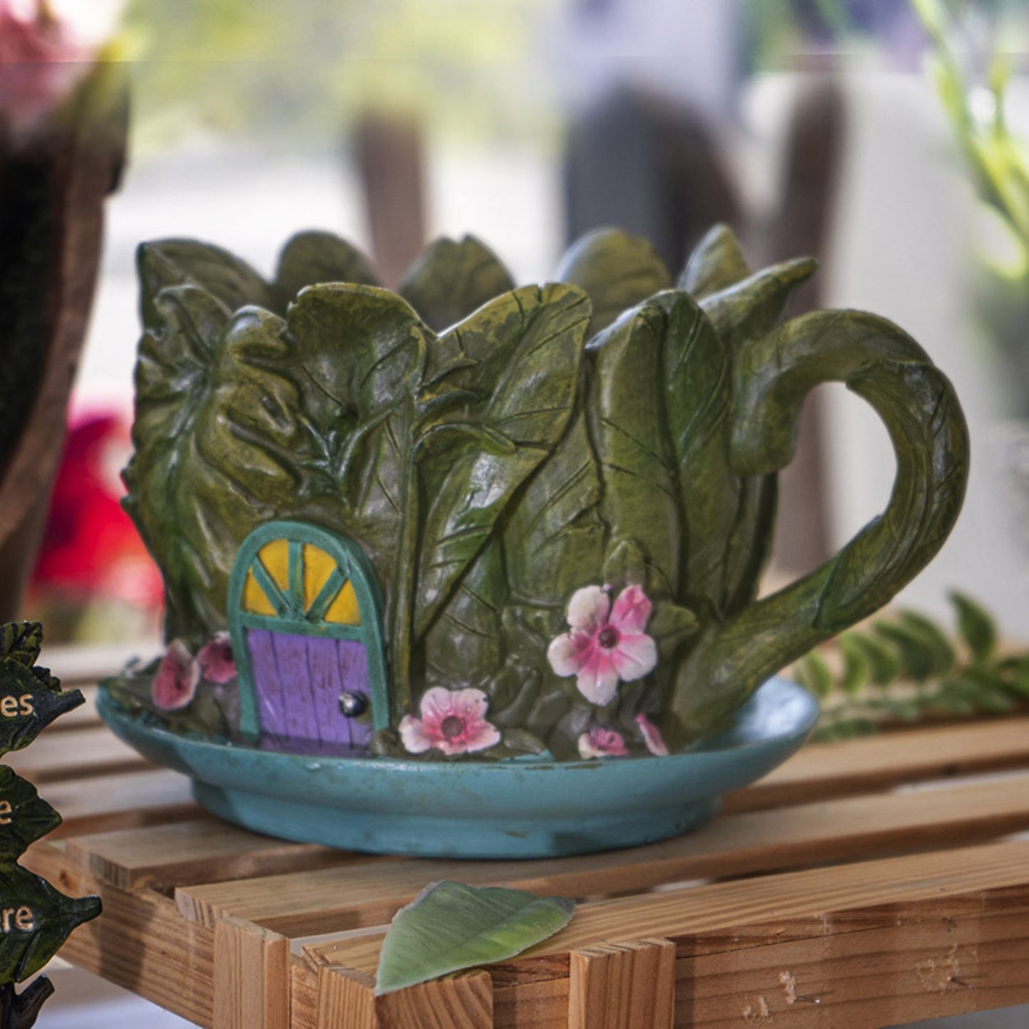 Fairy Garden Teacup Shaped Leaf House Floral Planter 7.5 inch