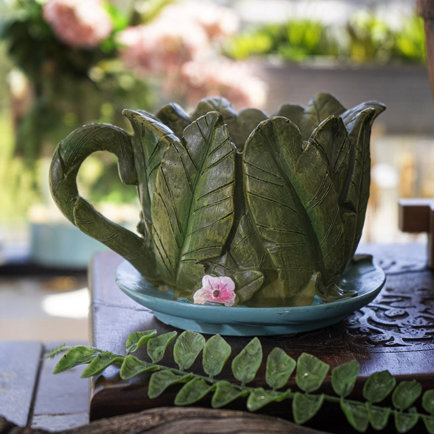 Fairy Garden Teacup Shaped Leaf House Floral Planter 7.5 inch