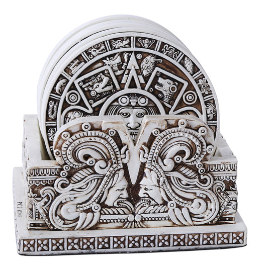 Aztec Solar Xiuhpohualli and Tonalpohualli Kitchen Coasters and Holder Maya Made from Resin