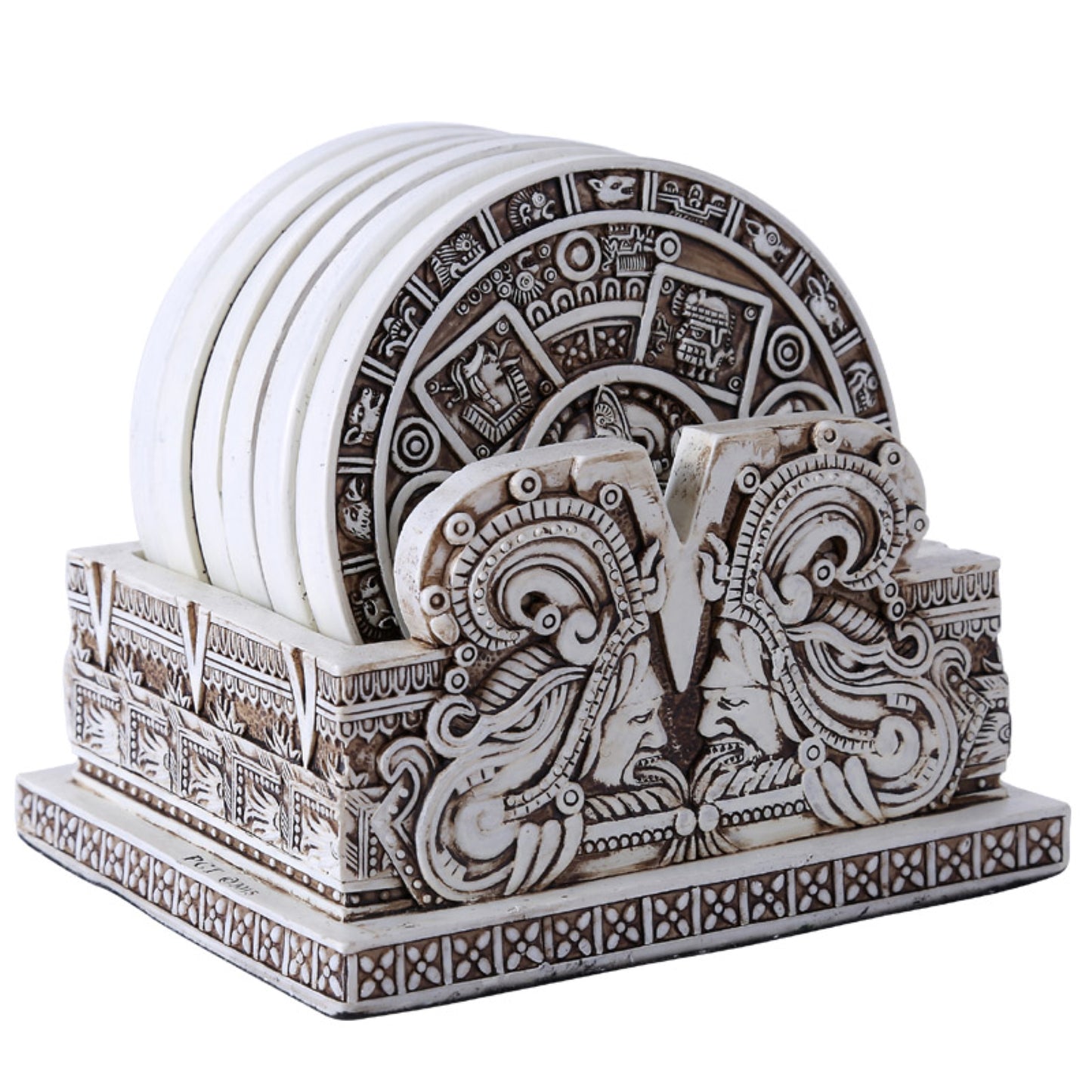 Aztec Solar Xiuhpohualli and Tonalpohualli Kitchen Coasters and Holder Maya Made from Resin