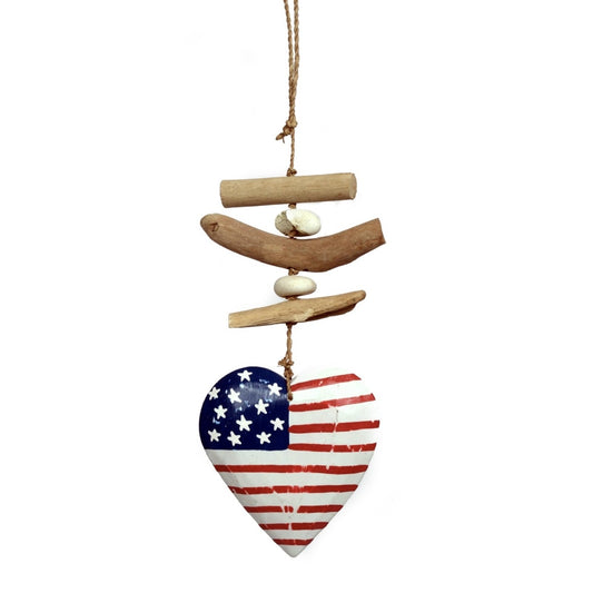 Wooden American Heart Driftwood and Stone Mobile Hanging Strand 14 Inches Long
