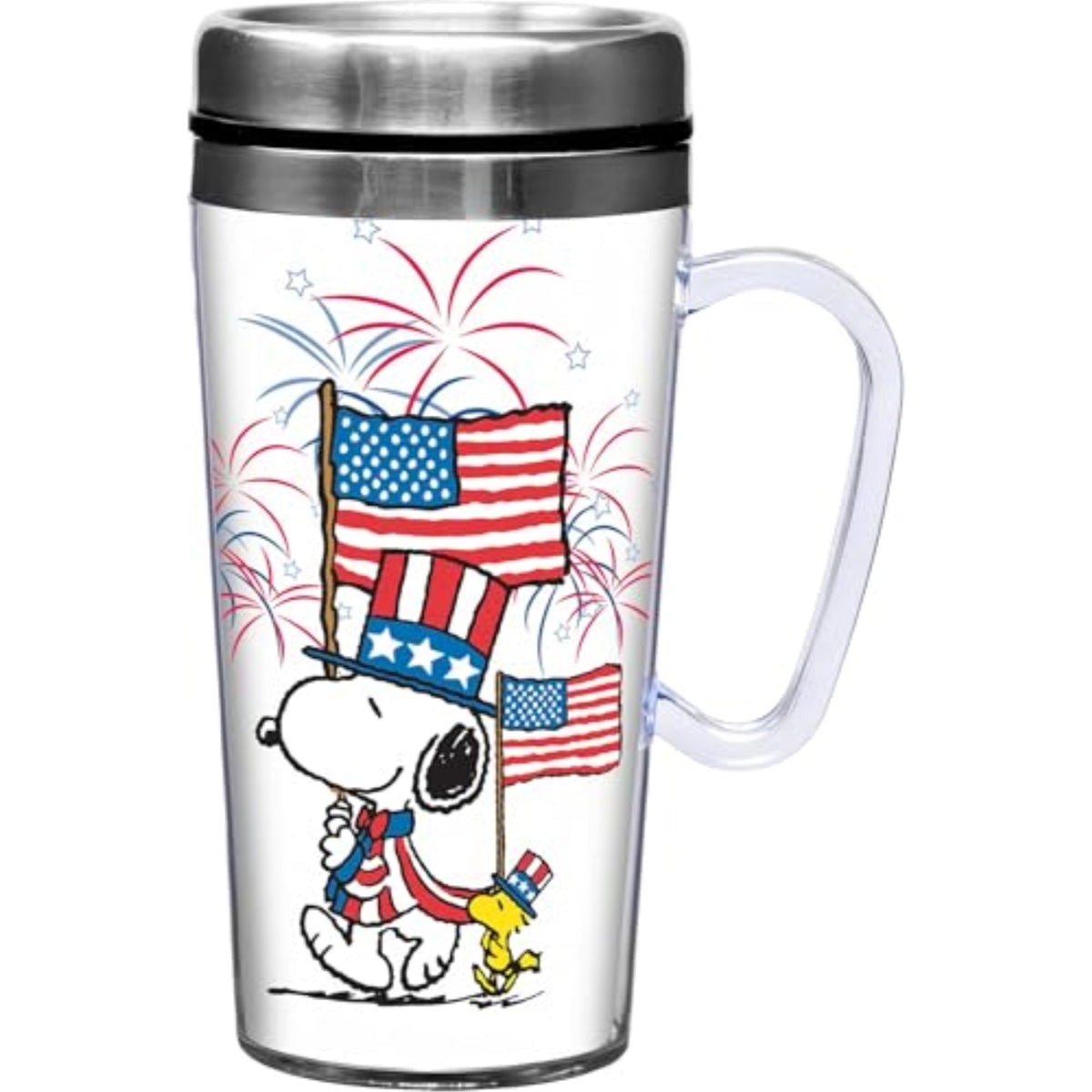 Spoontiques Peanuts Snoopy Americana Double Walled Stainless and Acrylic Insulated Travel Mug 14 ounce