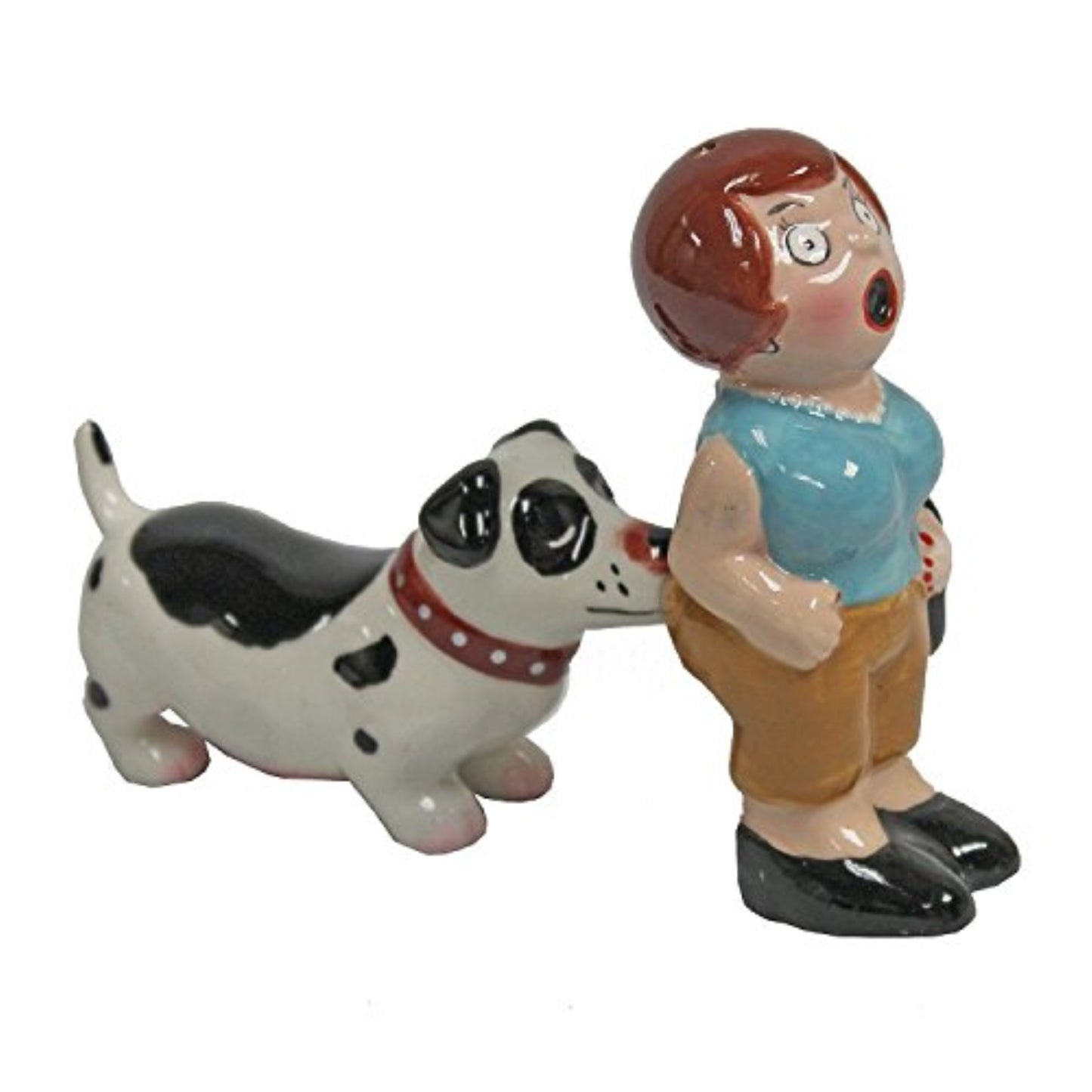 A Lady and A Tramp Magnetic Ceramic Salt and Pepper Shaker Set Dog Biting Woman's Bum