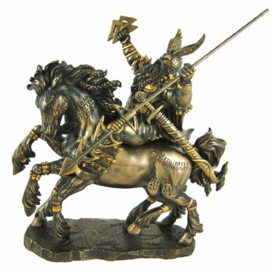 Norse God Odin Riding Horse Bronze Color Resin Statue Figurine  9 x 10.5 inch
