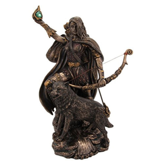 Skadi Warrior with Bow and Arrow and Wolf Resin Statue Figurine 9.1 inch