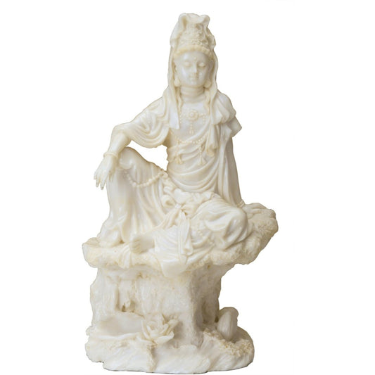 Cream Toned Water and Moon Kuan Yin Cold Cast Resin Statue 7 Inch