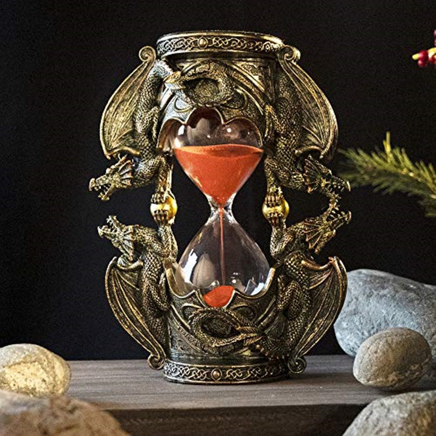 Gothic Fantasy Double Twin Dragons Sandtimer Red Sand Hourglass Sculptural Decor 7.4 inches Tall
