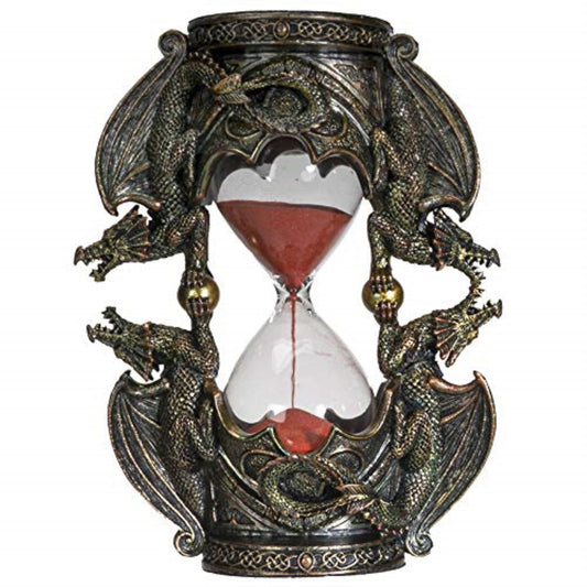Gothic Fantasy Double Twin Dragons Sandtimer Red Sand Hourglass Sculptural Decor 7.4 inches Tall