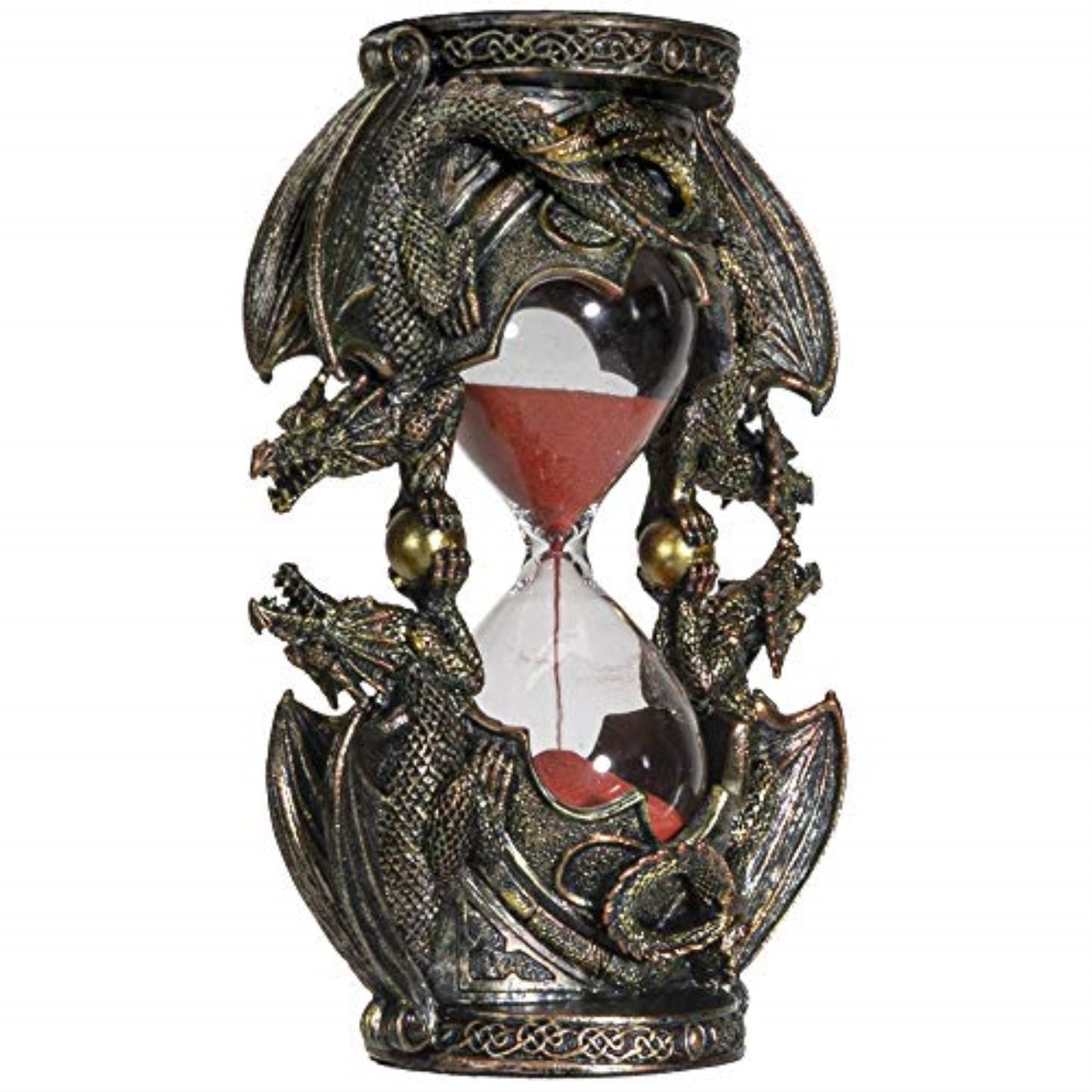 Gothic Fantasy Double Twin Dragons Sandtimer Red Sand Hourglass Sculptural Decor 7.4 inches Tall