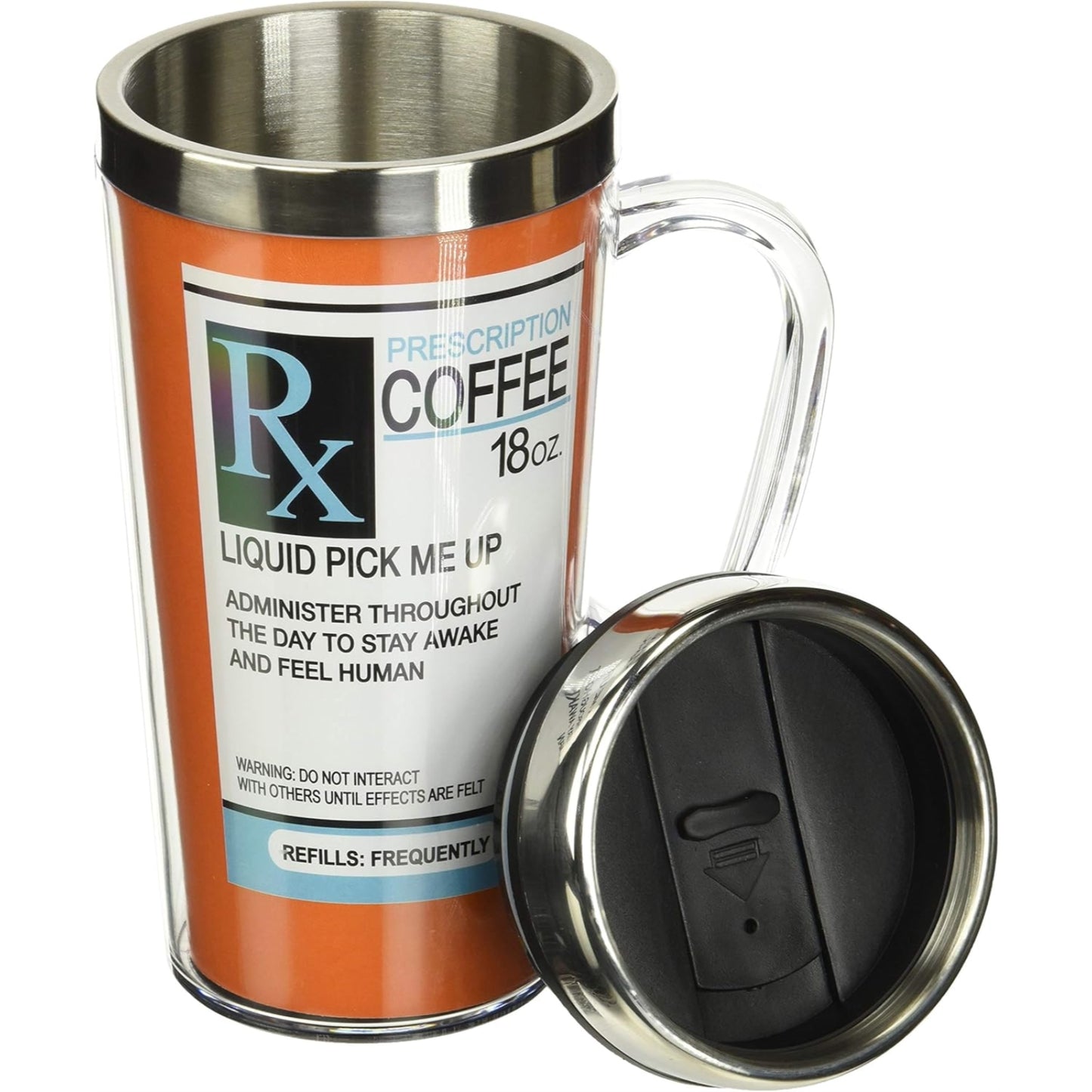 Spoontiques RX Prescription Liquid Pick Me Up Double Walled Stainless and Acrylic Insulated Travel Mug 14 ounce