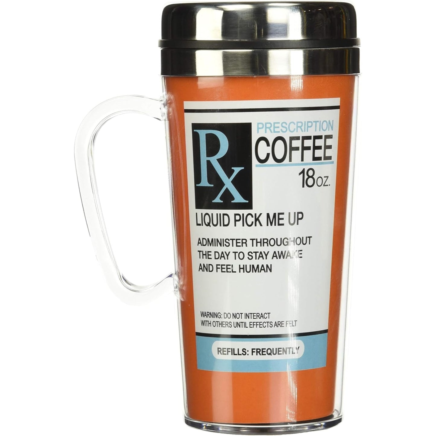 Spoontiques RX Prescription Liquid Pick Me Up Double Walled Stainless and Acrylic Insulated Travel Mug 14 ounce