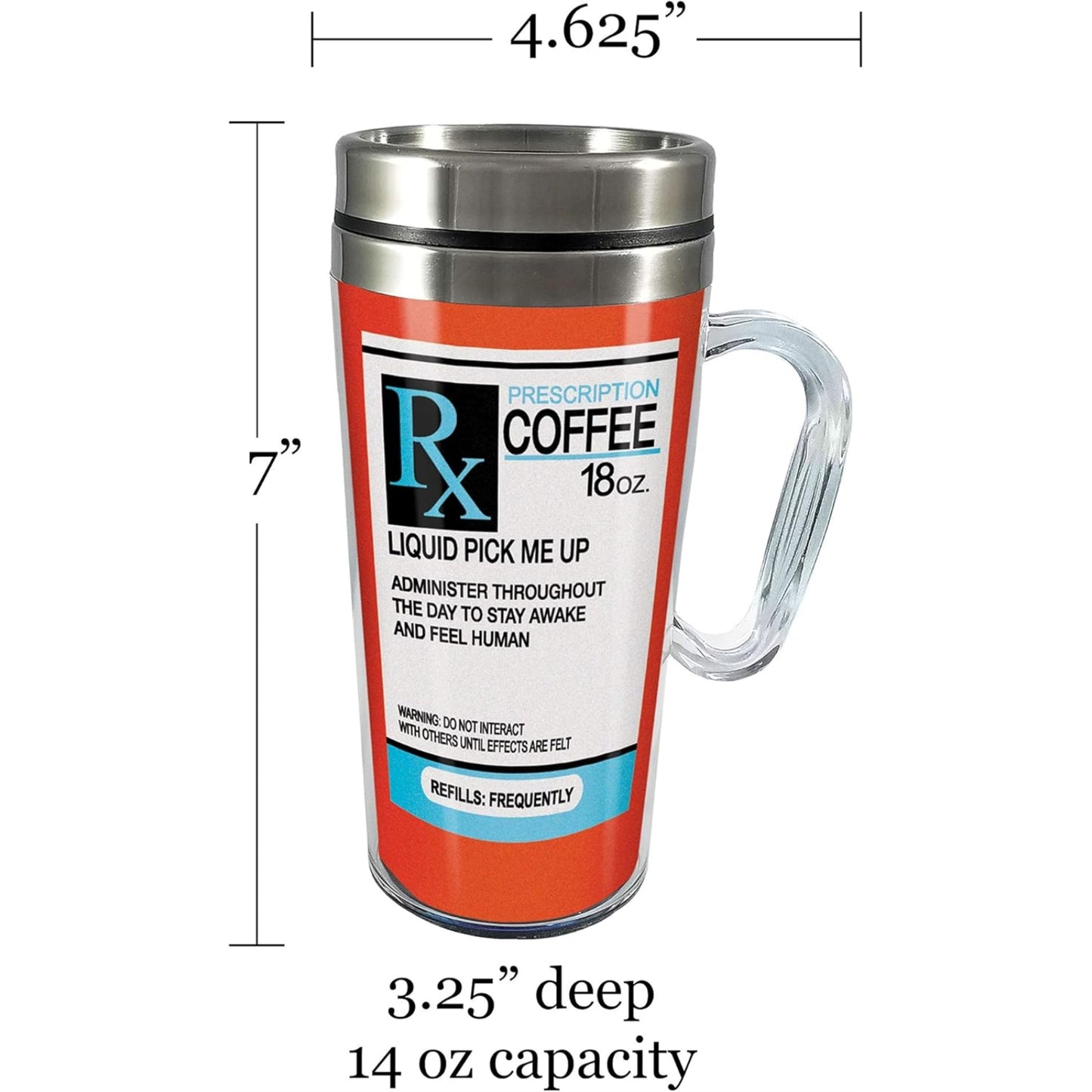Spoontiques RX Prescription Liquid Pick Me Up Double Walled Stainless and Acrylic Insulated Travel Mug 14 ounce